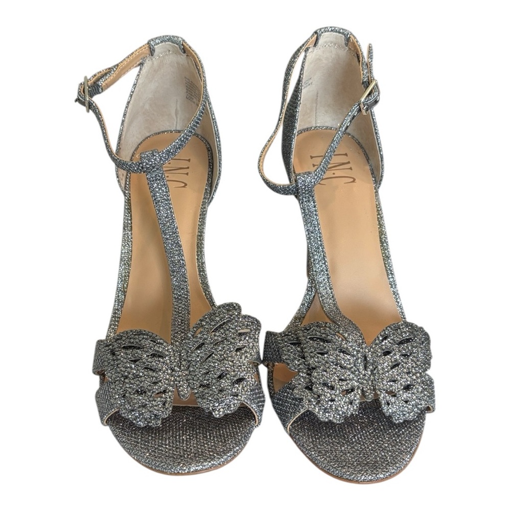 INC International Concepts Silver Glitter Heels with Butterfly Detail